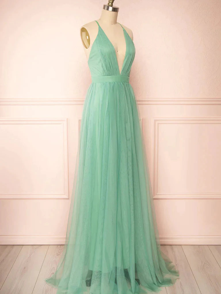A Line V Neck Backless Tulle Long Prom Dresses