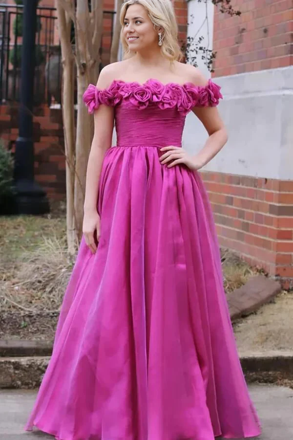 A-line Off-the-Shoulder Tulle Prom Dresses With 3D Flowers