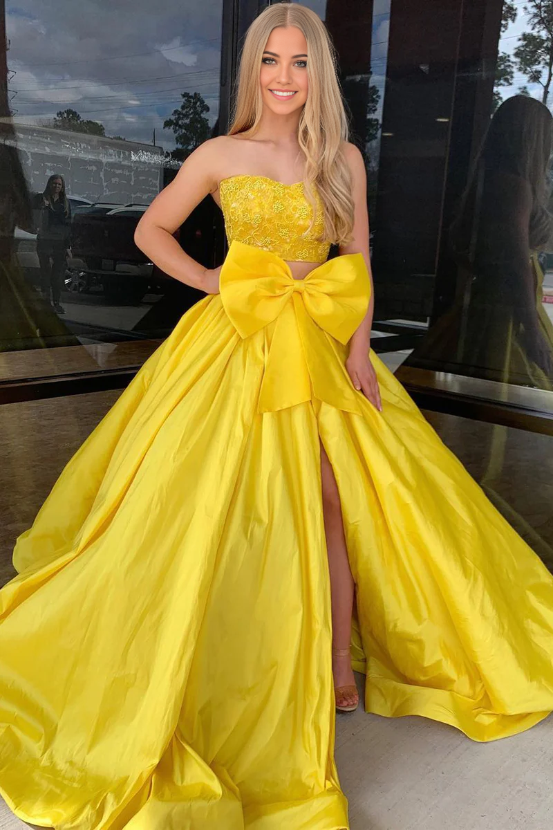 Two Piece Strapless Satin Yellow Long Prom Dresses with Bow – BL Dress