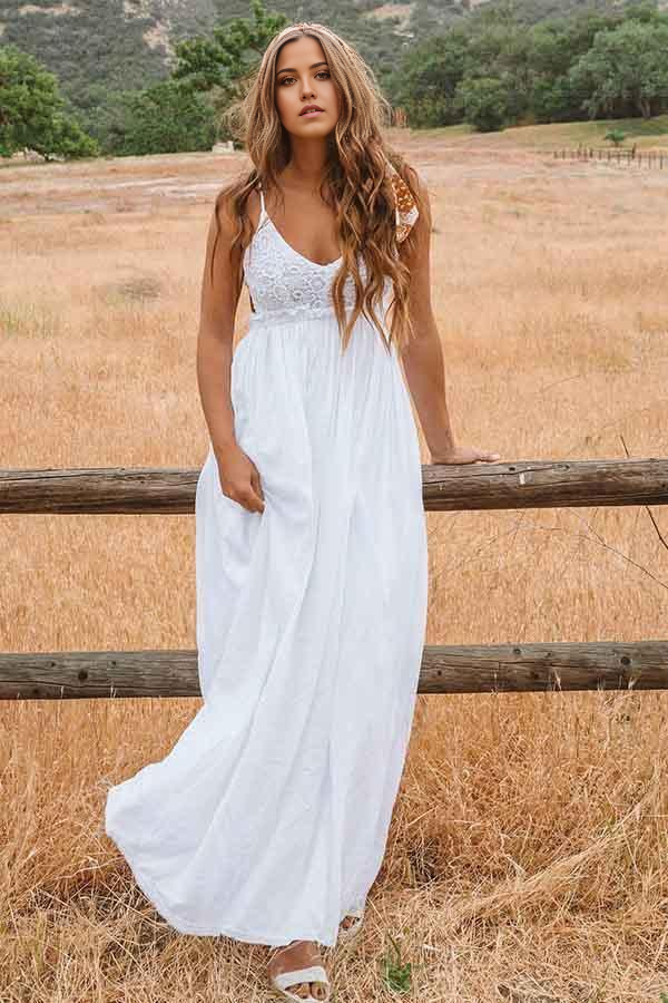 Beach A-Line Scoop Backless Floor Length Wedding Dress with Lace