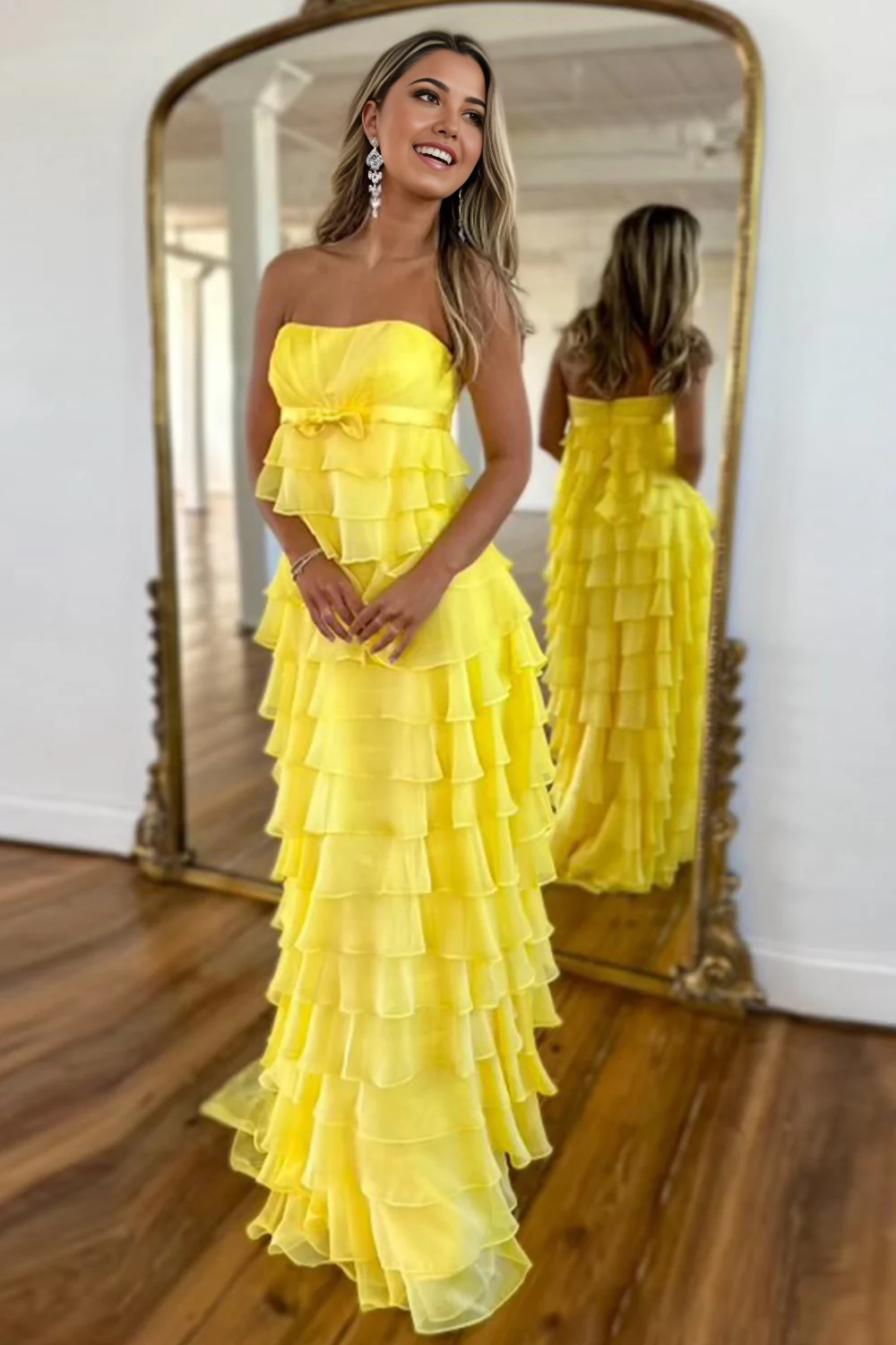 A-Line Strapless Zipper Back Long Tiered Lovely Yellow formal dresses evening dress Prom Dresses