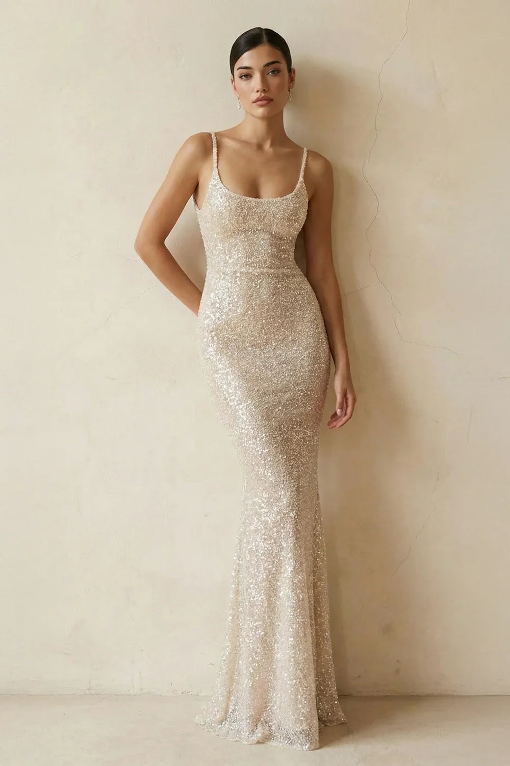 Sparkling Mermaid Square-Neck Spaghetti-Strap Low-Back Floor-Length Evening Dress