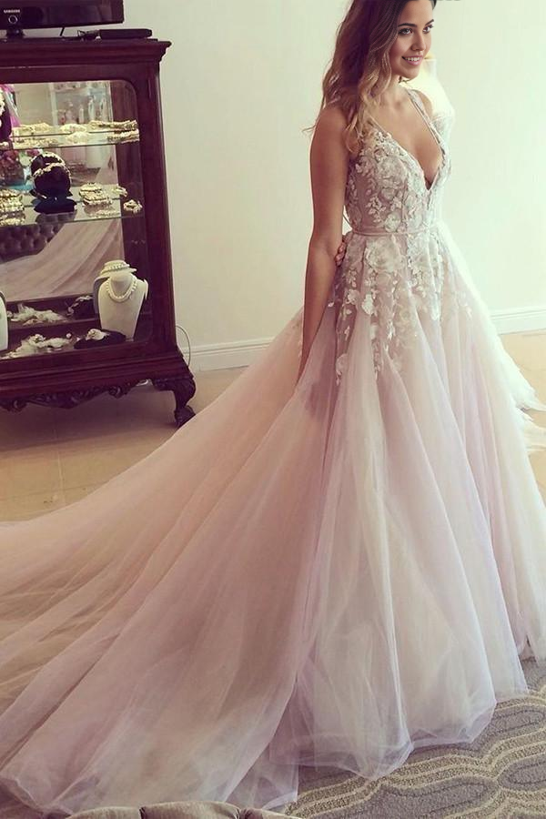 A-line Scoop V-neck Long Wedding Dress Prom Dress with Appliques