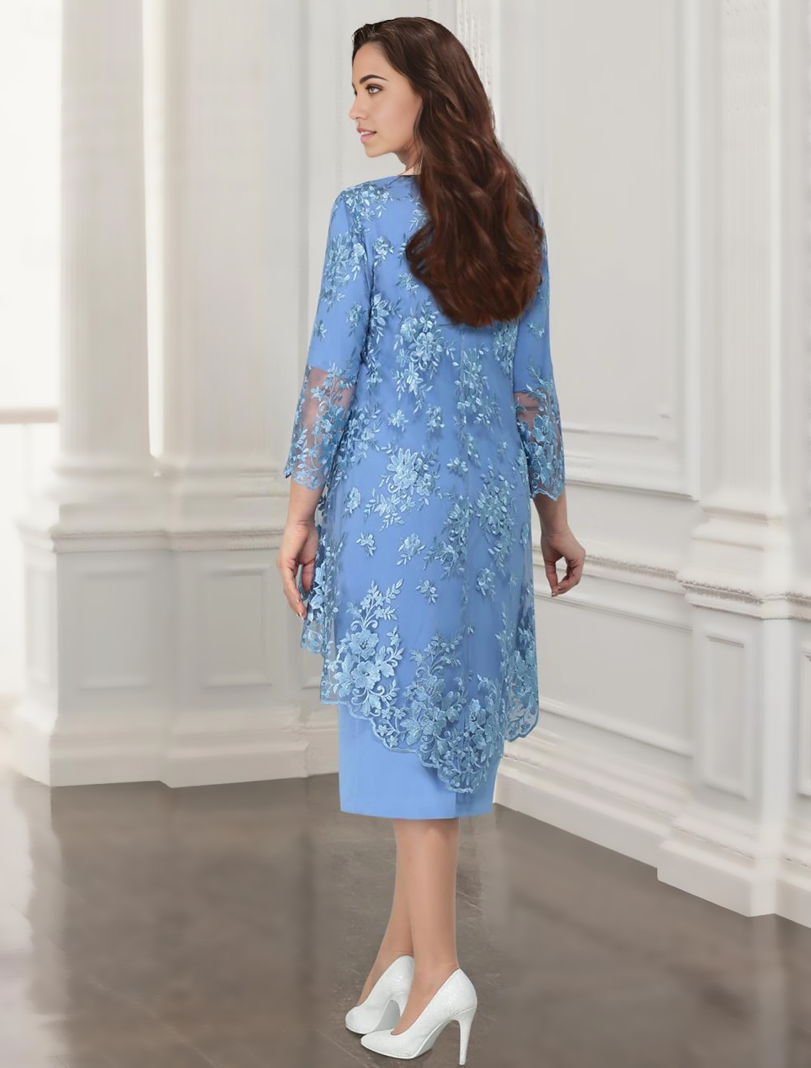 Two piece lace chiffon jacket dress column tea length mother of the bride dress