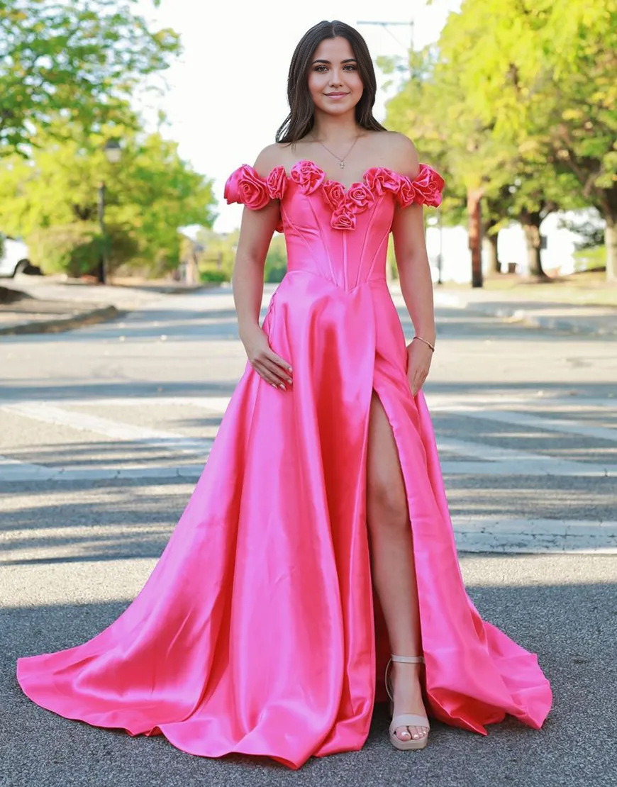 A-Line Flowers Off the Shoulder Corset Satin Pink formal dresses evening dress Long Prom Dress with Slit
