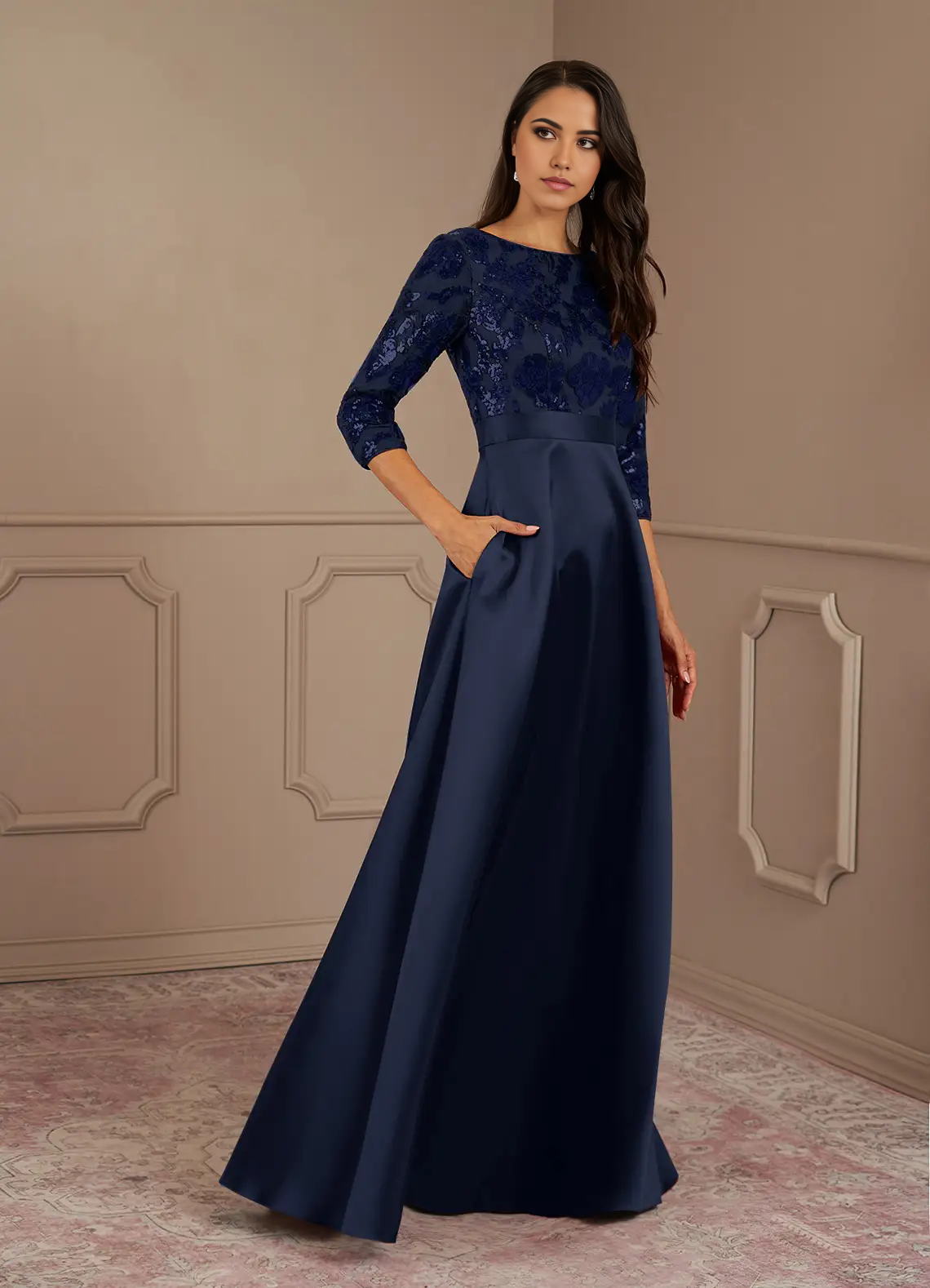 A-Line Crew Neck Sequins Dark Navy formal dresses evening dress Mother of the Bride Dresses