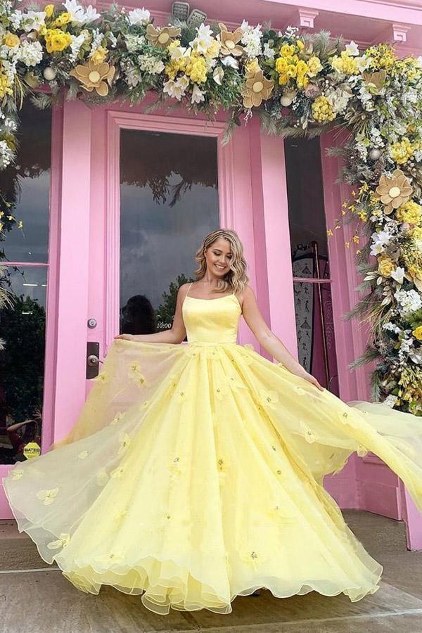A-line 3D Flowers Straps Tulle Bodice With Back Lace Up Yellow Long Prom Dress