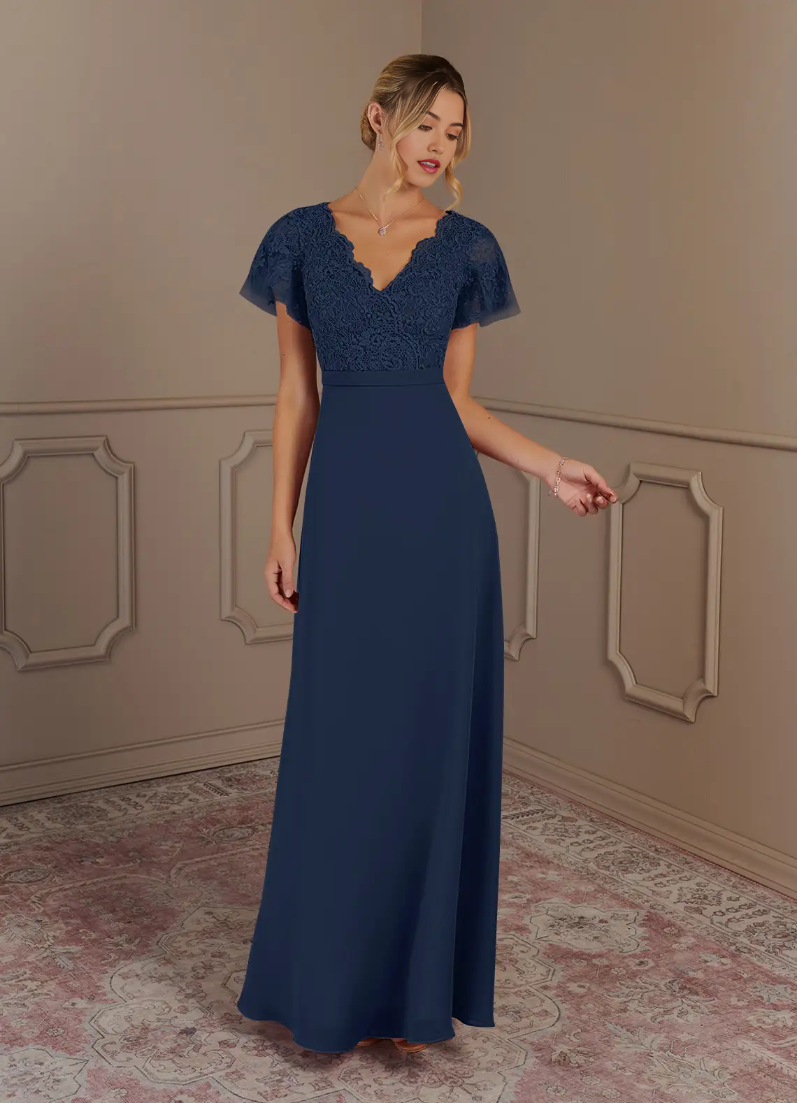 A-Line V-Neck Lace Chiffon Dark Navy Mother of the Bride Dresses
