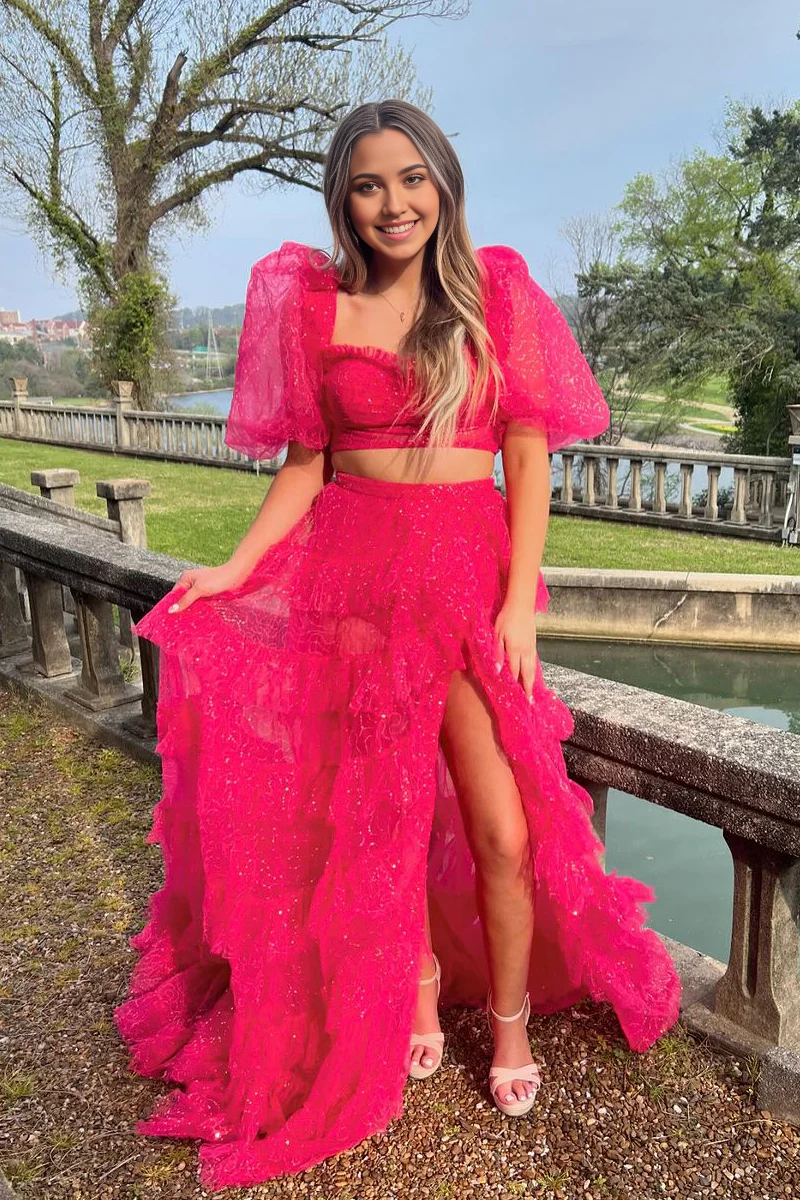 Two Piece Sweetheart Tiered Sequins Tulle Long evening gowns Prom Dress with Slit