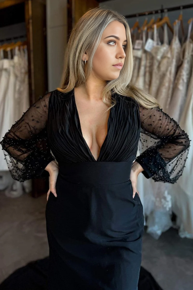 Mermaid Beaded V-Neck Backless Long Wedding Dress with Sleeves