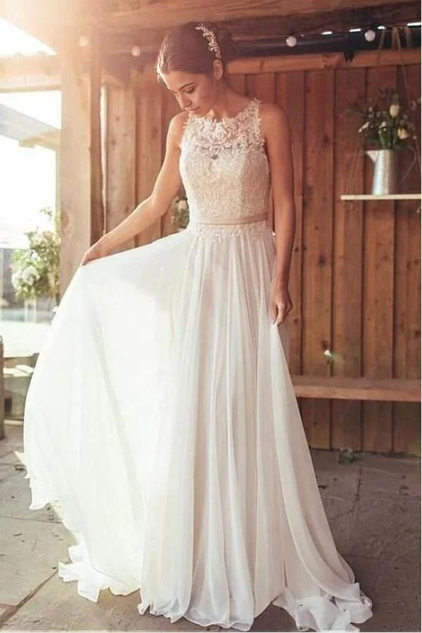 Bohemian Beach Lace Sleeveless Round Neck Ivory Bridal Gown Wedding Dress with Train