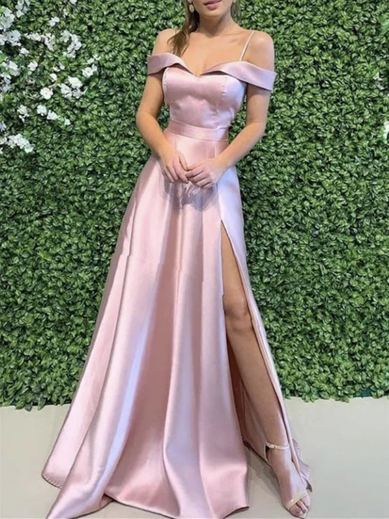 A Line Off Shoulder Satin Long Prom Dresses