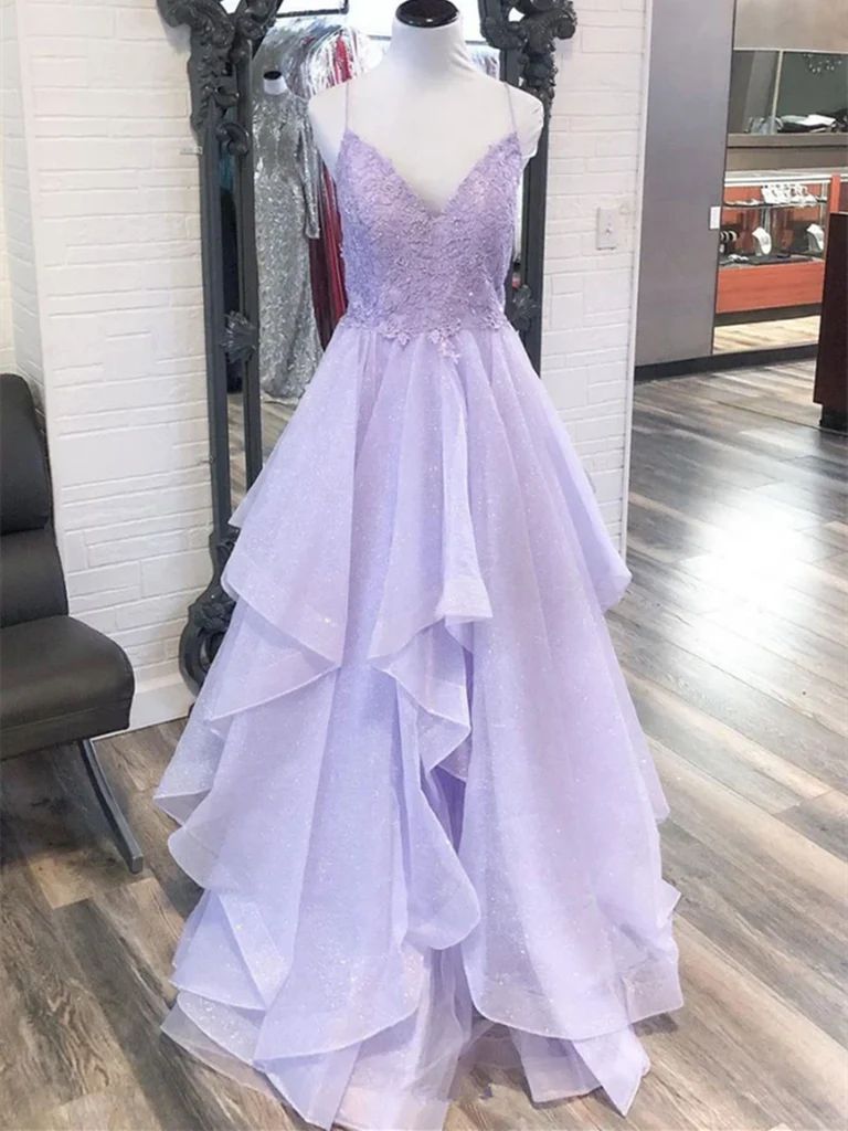 V Neck Tulle Lace Long Prom Dresses