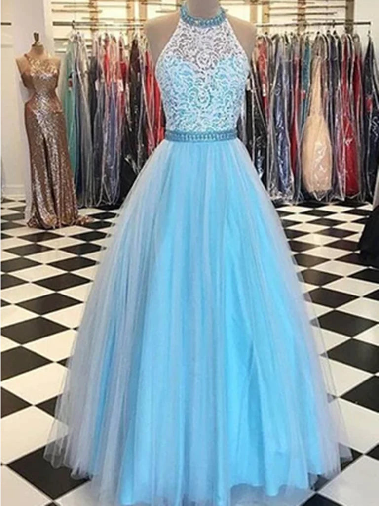 A Line Halter Neck Lace Tulle Long Prom Gown Formal Evening Dresses