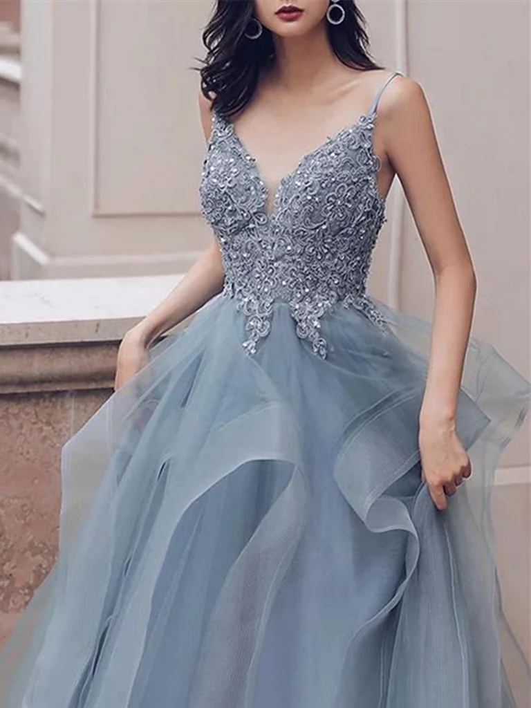 Deep V Neck Appliqued Spaghetti Straps Organza Bridal Dresses Prom Dresses