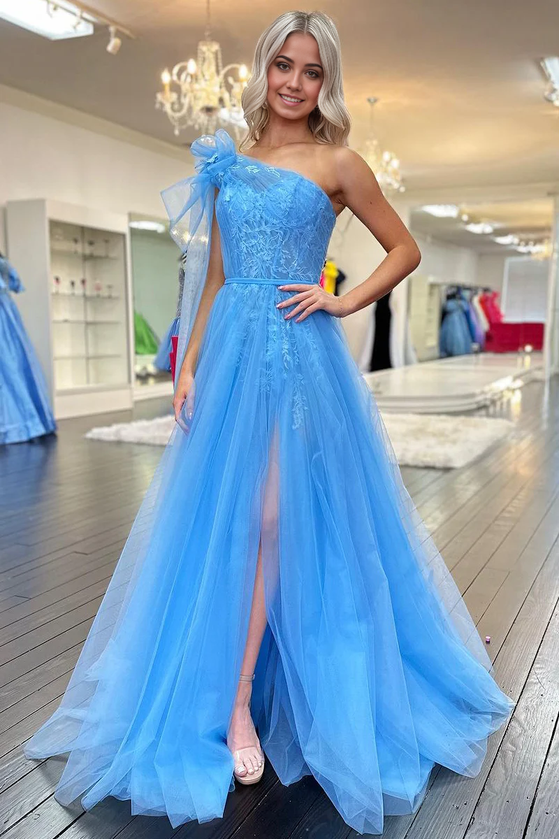 A Line Cute One Shoulder Blue Tulle Prom Dress with Appliques