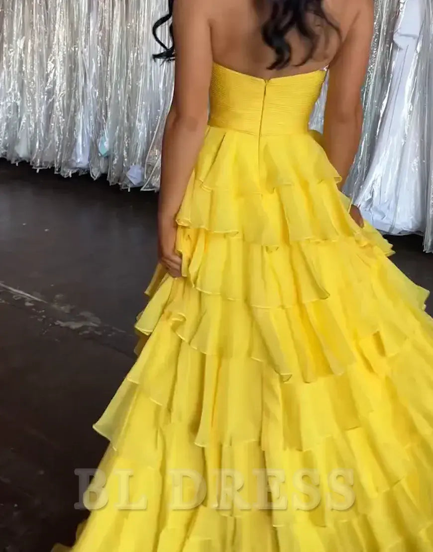 A-Line Strapless Ruffles Ruched Yellow Long formal dresses evening gown Prom Dress