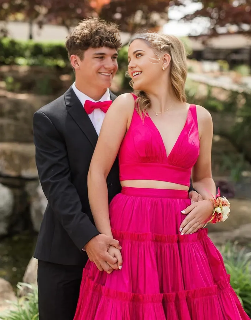 Two Piece A-Line V Neck Ruffled Fuchsia formal dresses evening dress Long Prom Dress