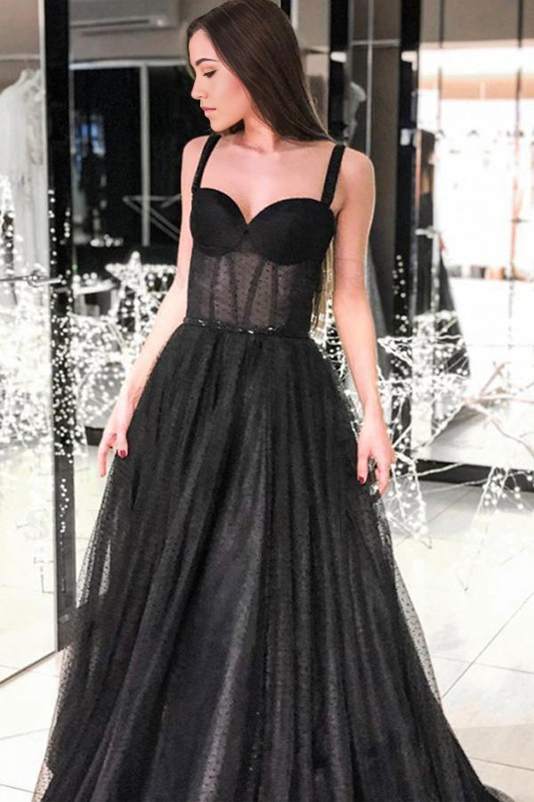 A Line Sweetheart Straps Black Dot Tulle Prom Dresses with Beading
