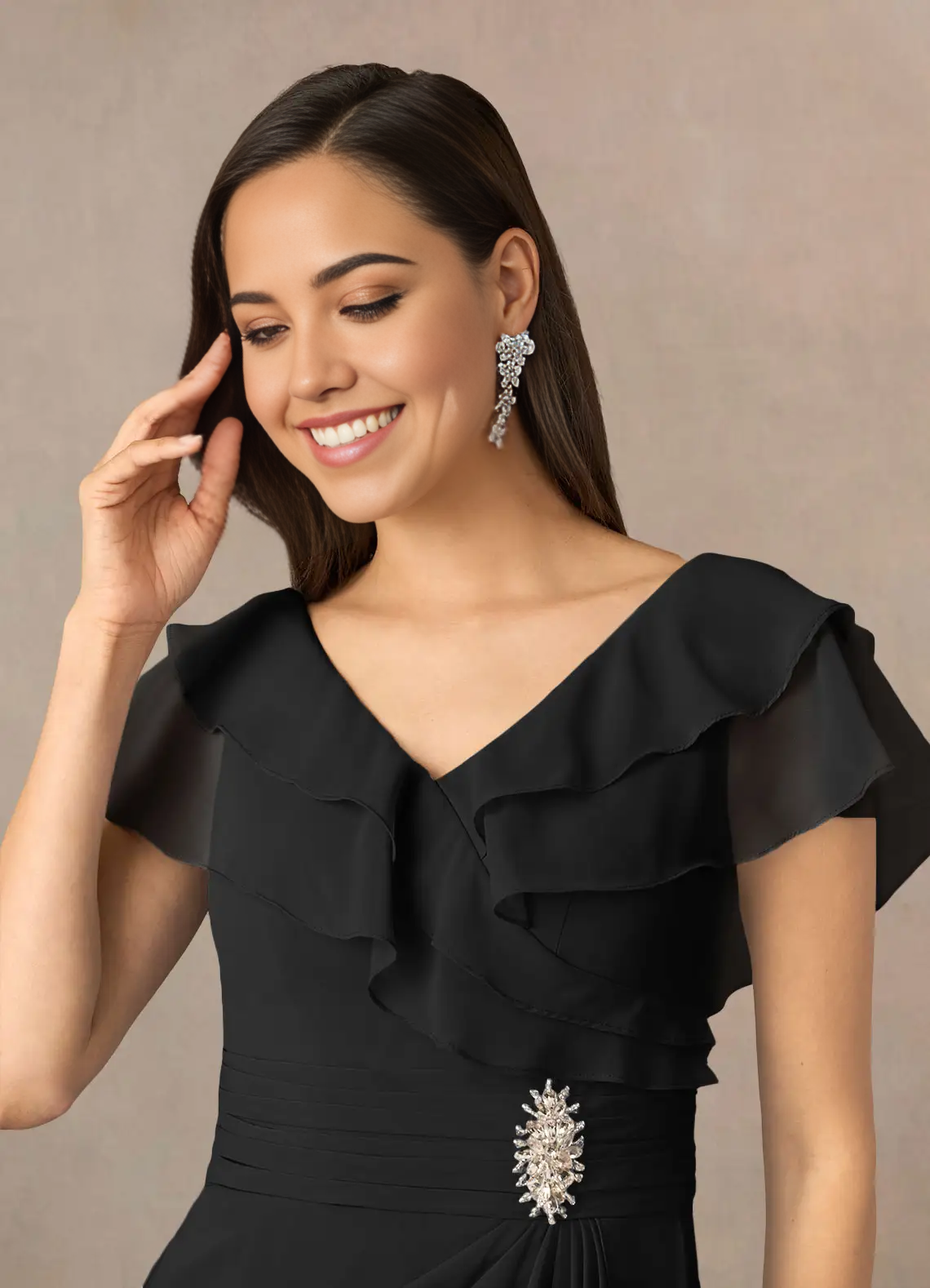 A-Line V-Neck Ruched Chiffon Black Mother of the Bride Dresses