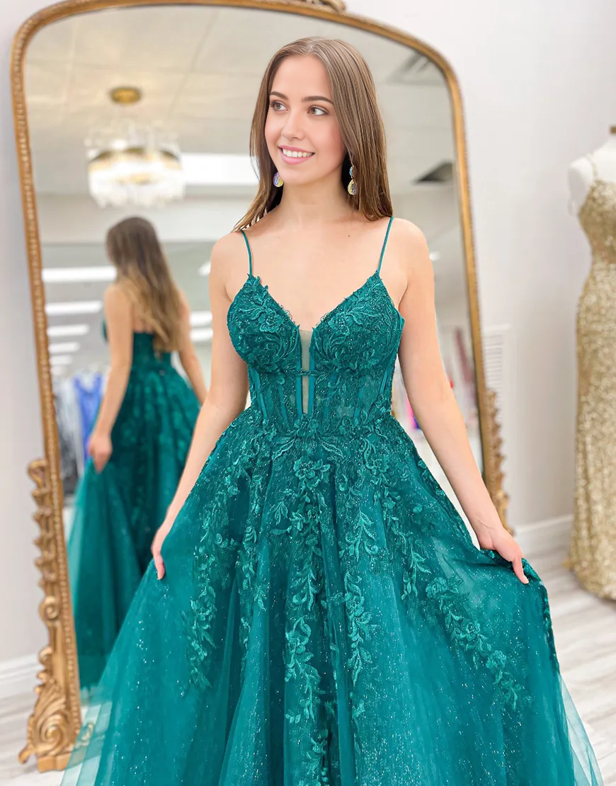 A-Line Sparkly Spaghetti Straps Corset Tulle Emerald Green Long formal dresses evening gown Prom Dress with Appliques