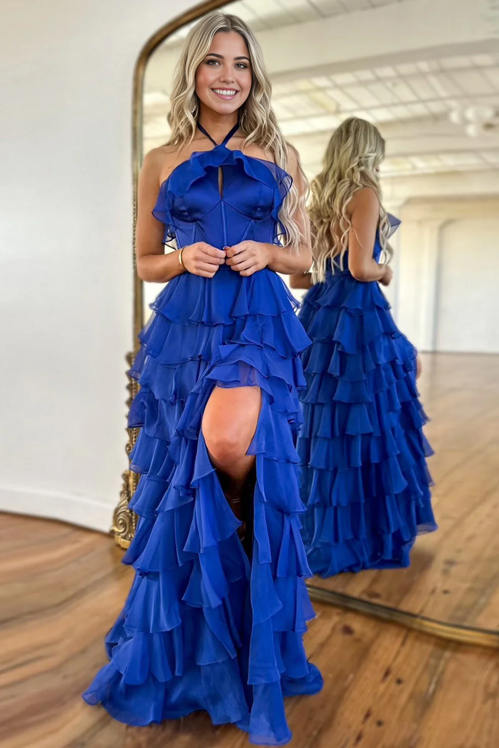 A-Line Halter Neck Long Tiered Cute Royal Blue formal dresses evening dress Prom Dresses with Slit