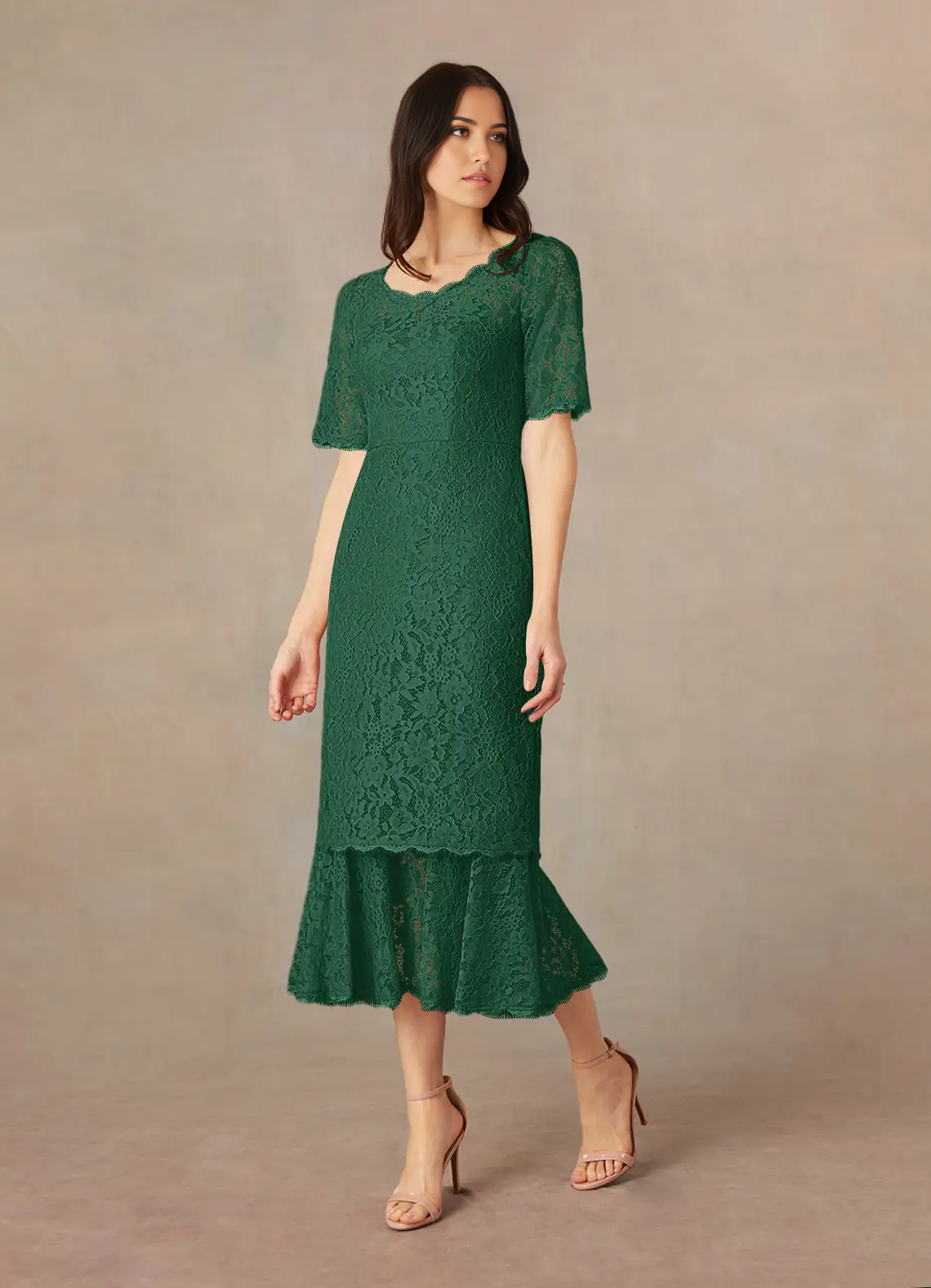 Mermaid Crew Neck Short Sleeve Lace Dark Green formal dresses evening dress Mother of the Bride Dresses