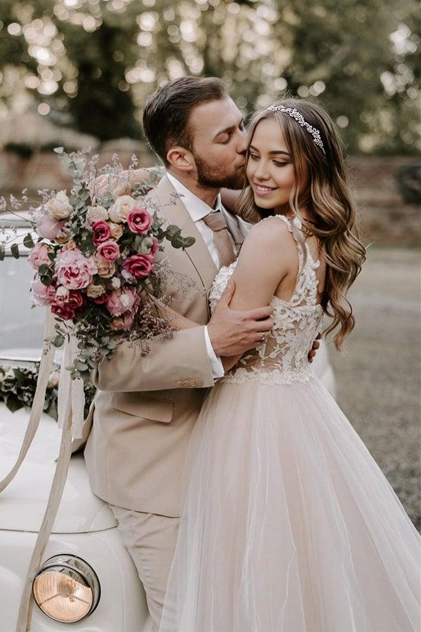 Boho A-line Champagne Off The Shoulder Wedding Dress Bridal Gown