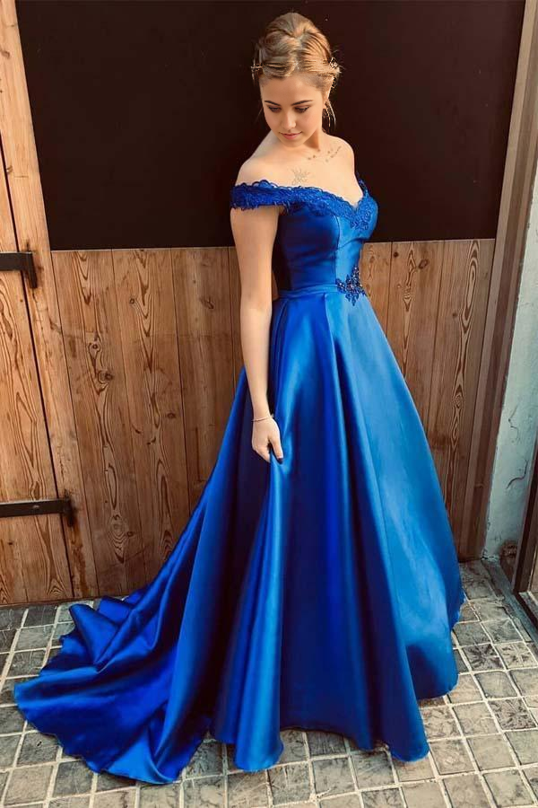 A-line Off the Shoulder Lace-Up Back Royal Blue Long Prom Dress