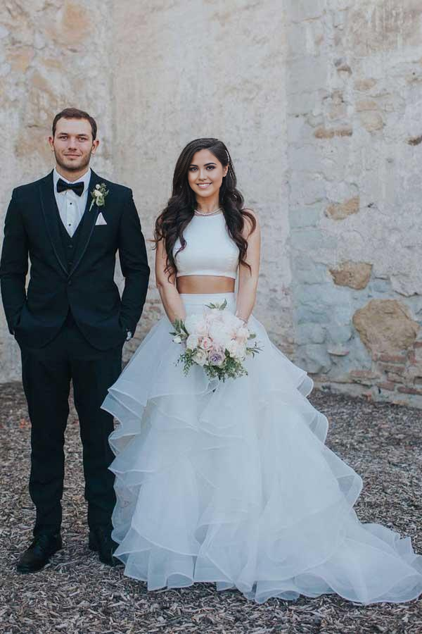 Two Piece A-line White Ruffle Skirt Wedding Dress