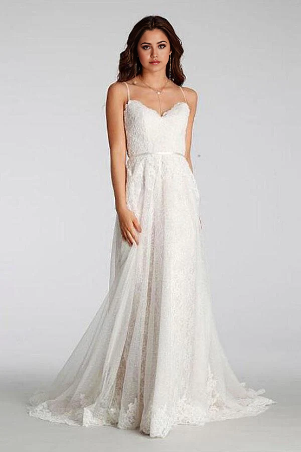 Beach A-line Lace Spaghetti Straps Long Wedding Dresses