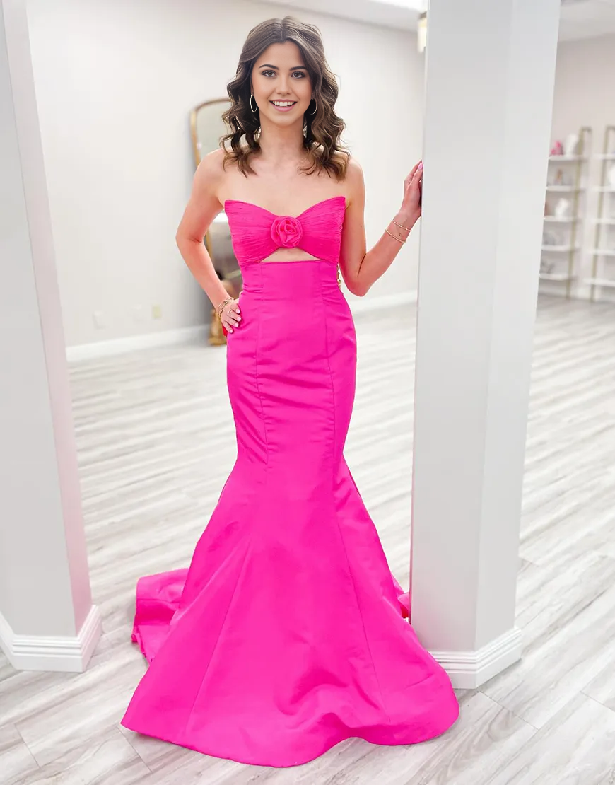 Mermaid Strapless Flower Hollow Fuchsia Long formal dresses evening gown Prom Dress