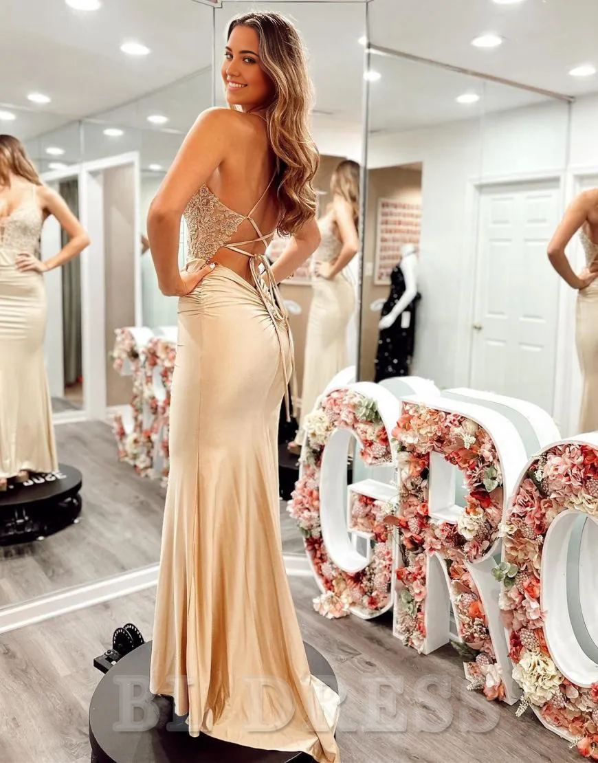 Spaghetti Straps Corset Back Champagne Long formal dress evening gown Prom Dress