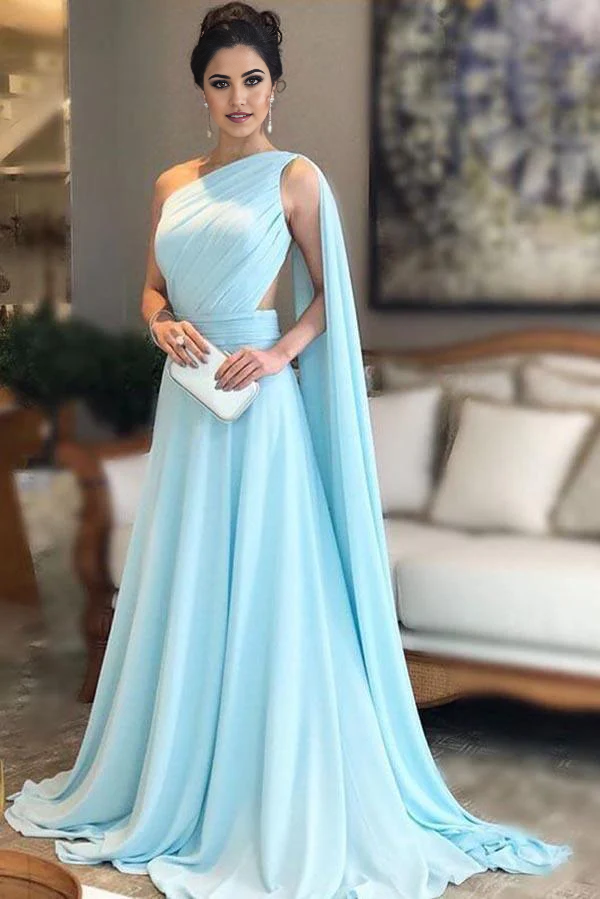 A-line One Shoulder Chiffon Pleats Sheer Illusion Back Light Blue Prom Gown