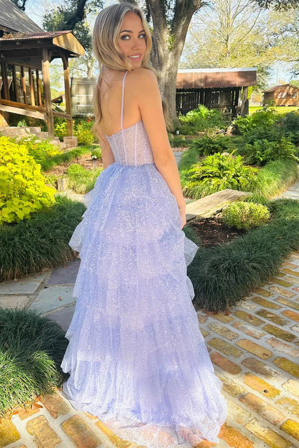 A-line Tulle Sequin Ruffle Tiered Long Prom Dress Formal Dress