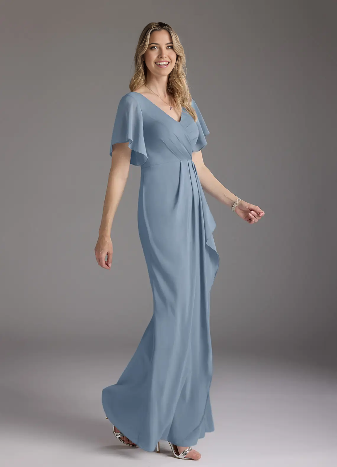 Mermaid V-Neck Pleated Chiffon Dusty Blue formal dresses evening dress Mother of the Bride Dresses