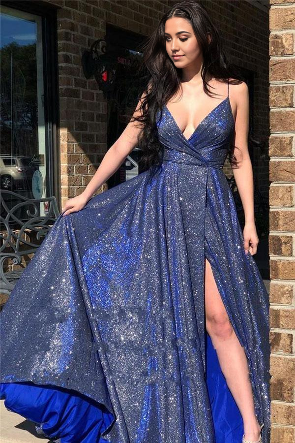 A-Line Sparkly V Neck Straps Long Prom Dress Evening Dress