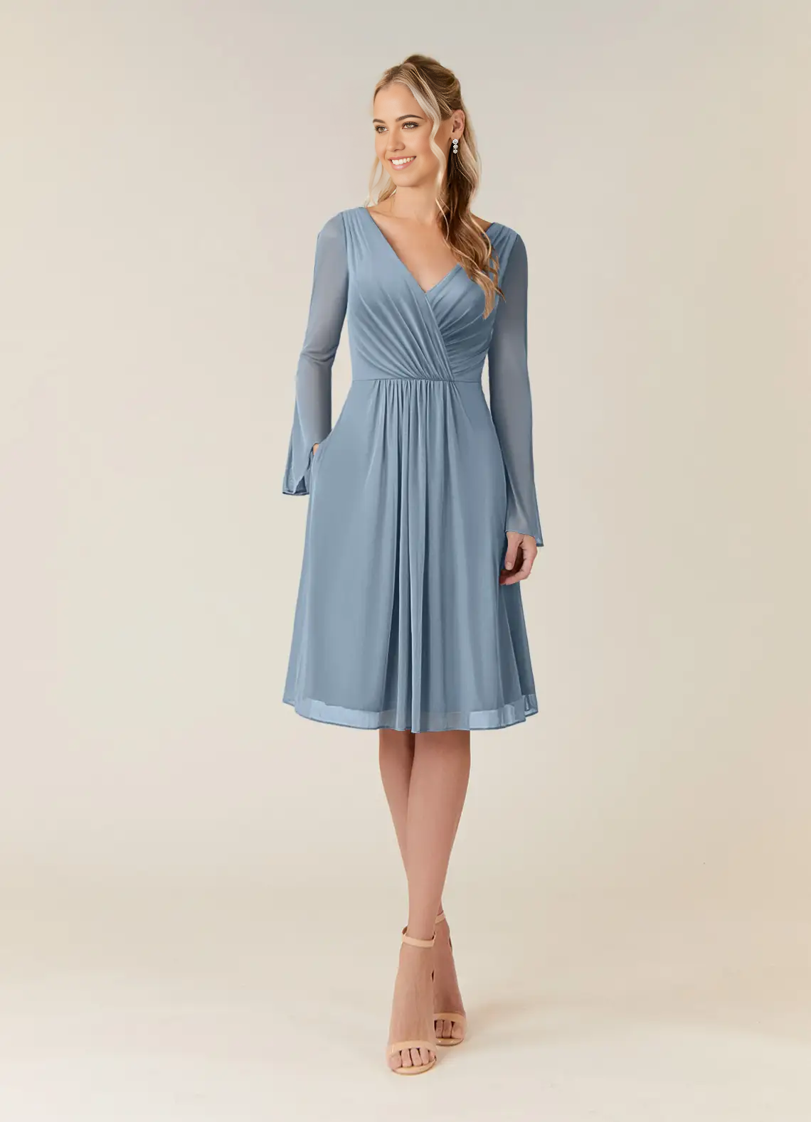 A-Line V-Neck Long Sleeve Pleated Dusty Blue formal dresses evening dress Mother of the Bride Dresses