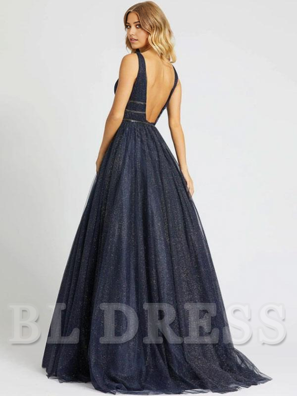 A-line Princess V-Neck Sleeveless Backless Sequins Tulle formal dresses Bridesmaid Dresses evening gown Prom Dress