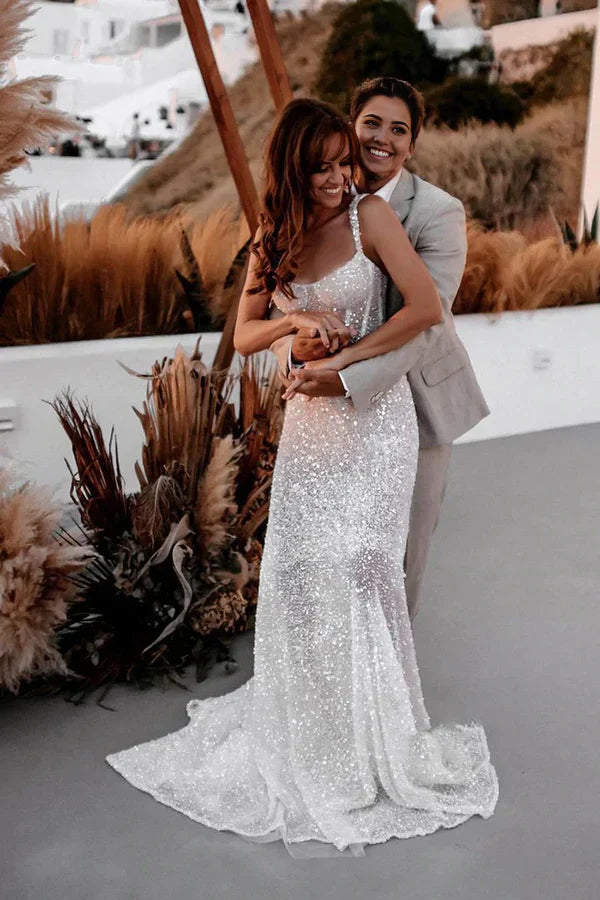 A Line Sparkly Sweetheart Sequins Wedding Dresses