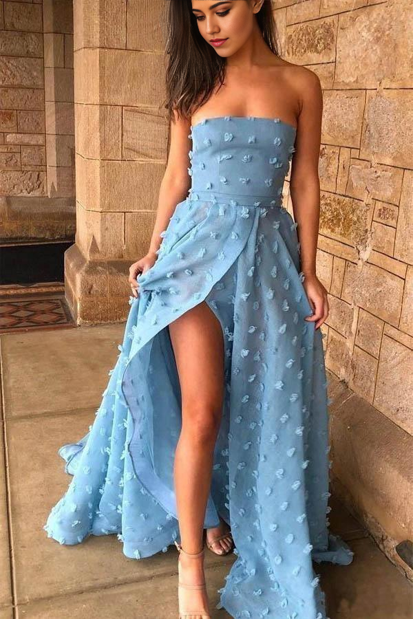 A-Line Strapless Sky Blue Lace High Split Long Prom Dresses Formal Dress