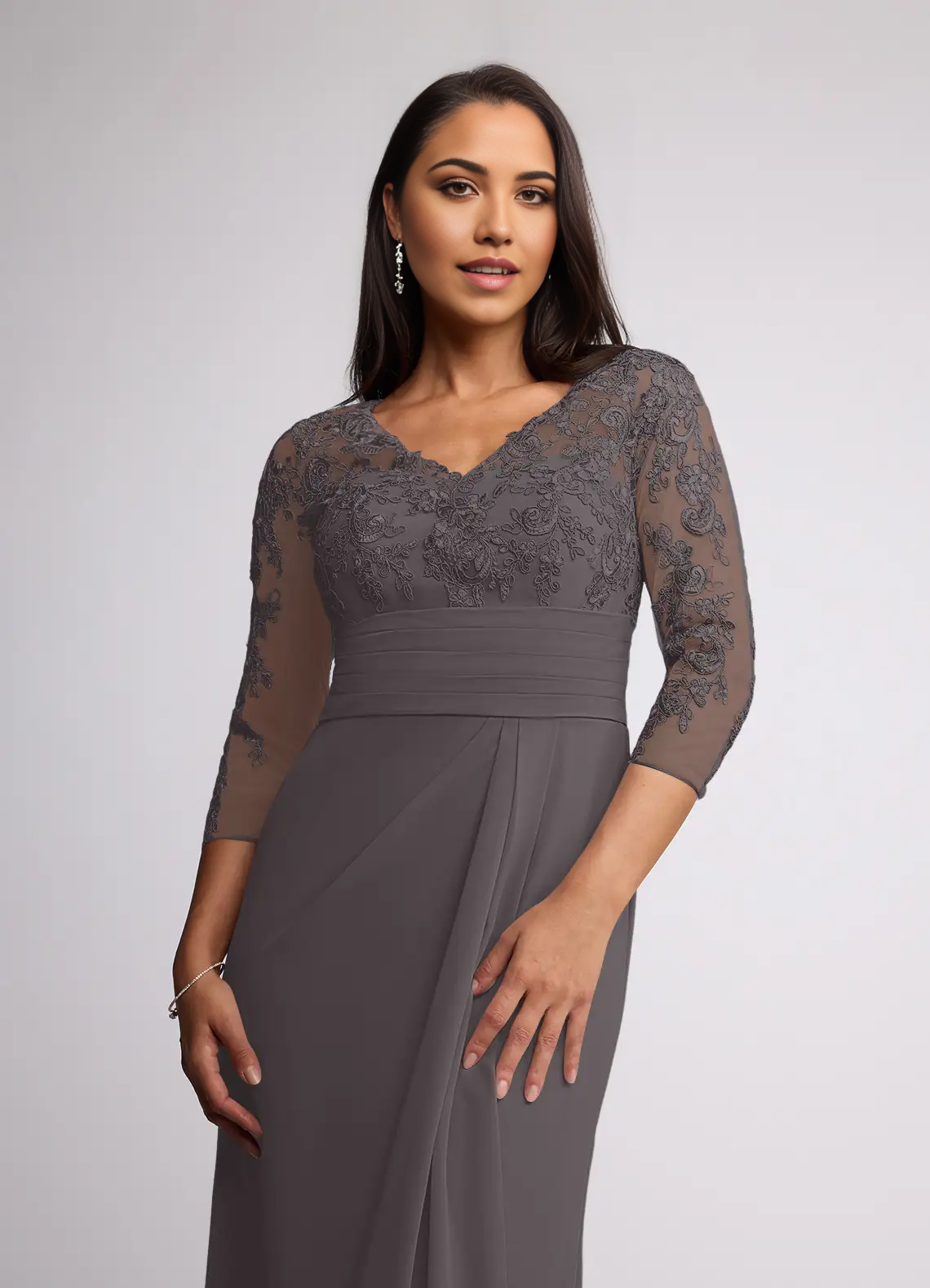 Sheath V-Neck Lace Chiffon Steel Grey formal dresses evening dress Mother of the Bride Dresses