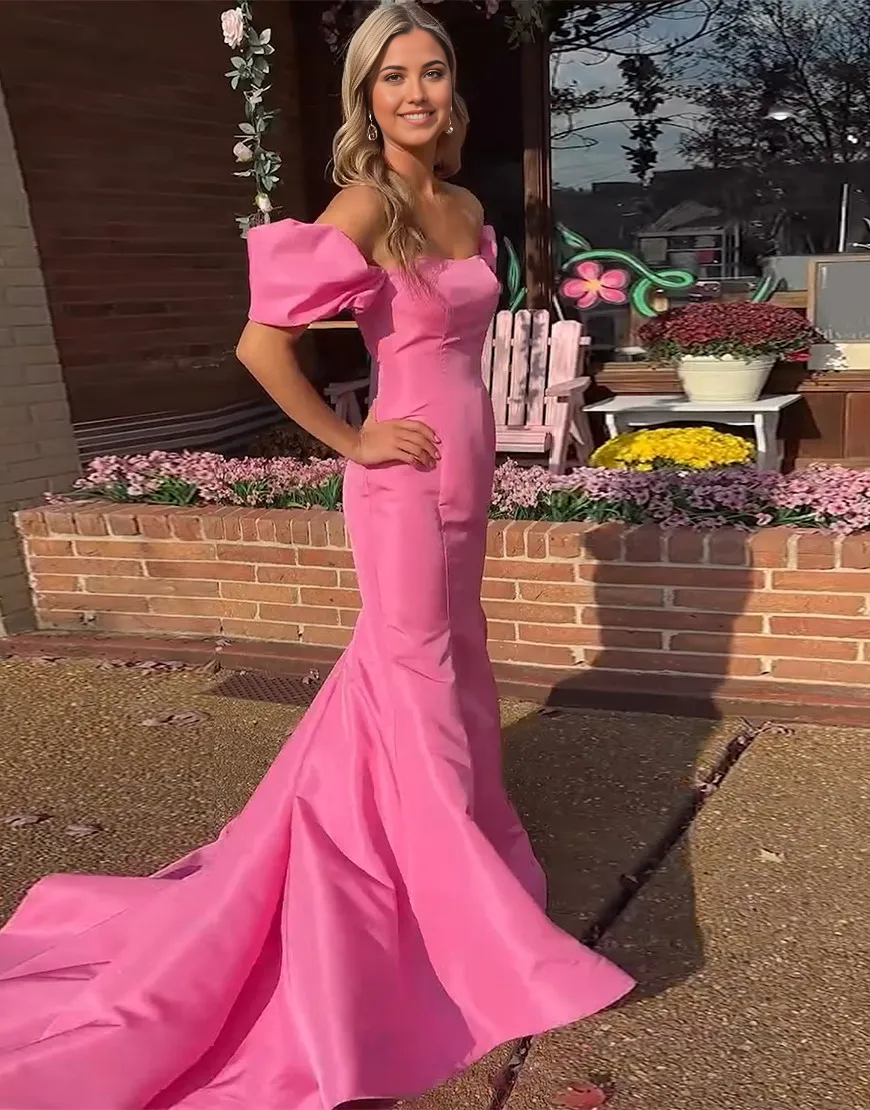 Mermaid Off the Shoulder Pink formal dresses evening dress Long Prom Dress