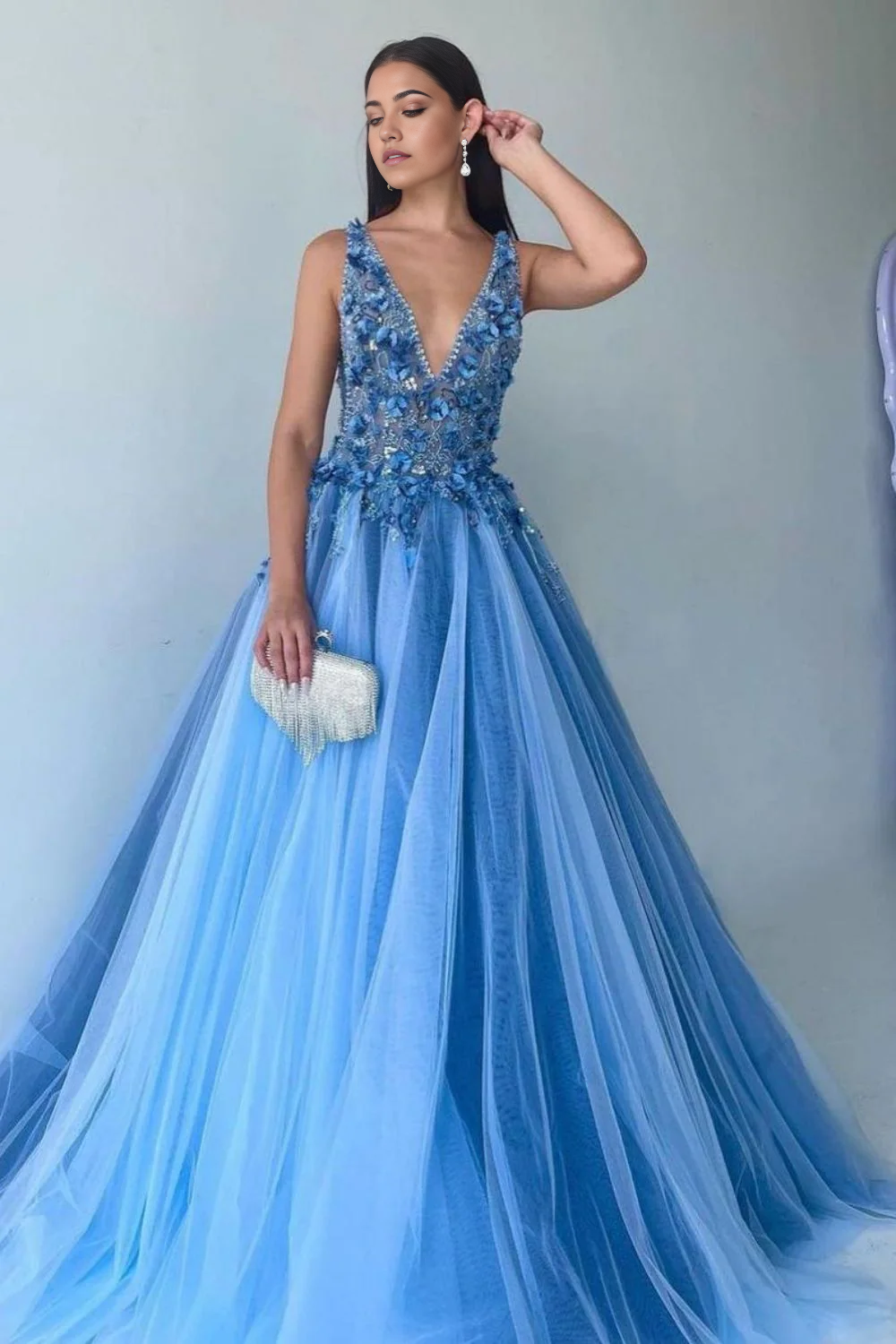 A Line Deep V Neck Gorgeous Blue Long Prom Dress with Appliques