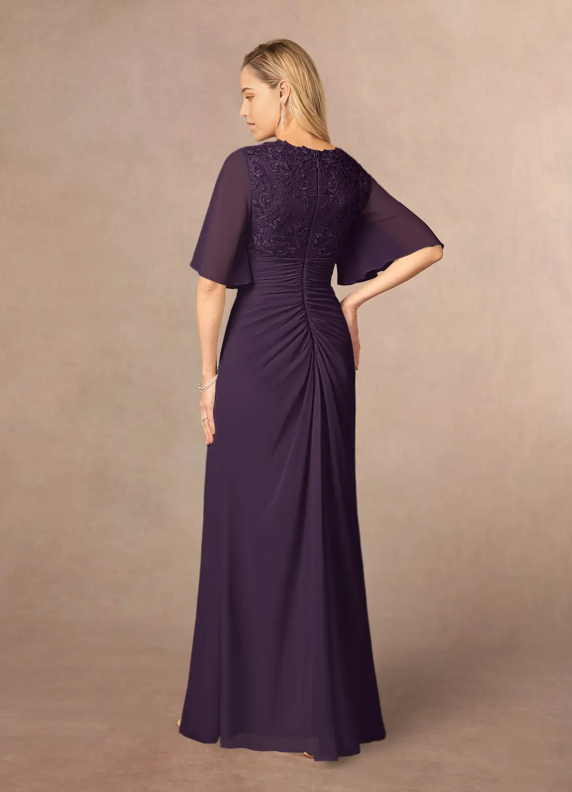 A-Line V-Neck Lace Chiffon Appliques Plum Mother of the Bride Dresses