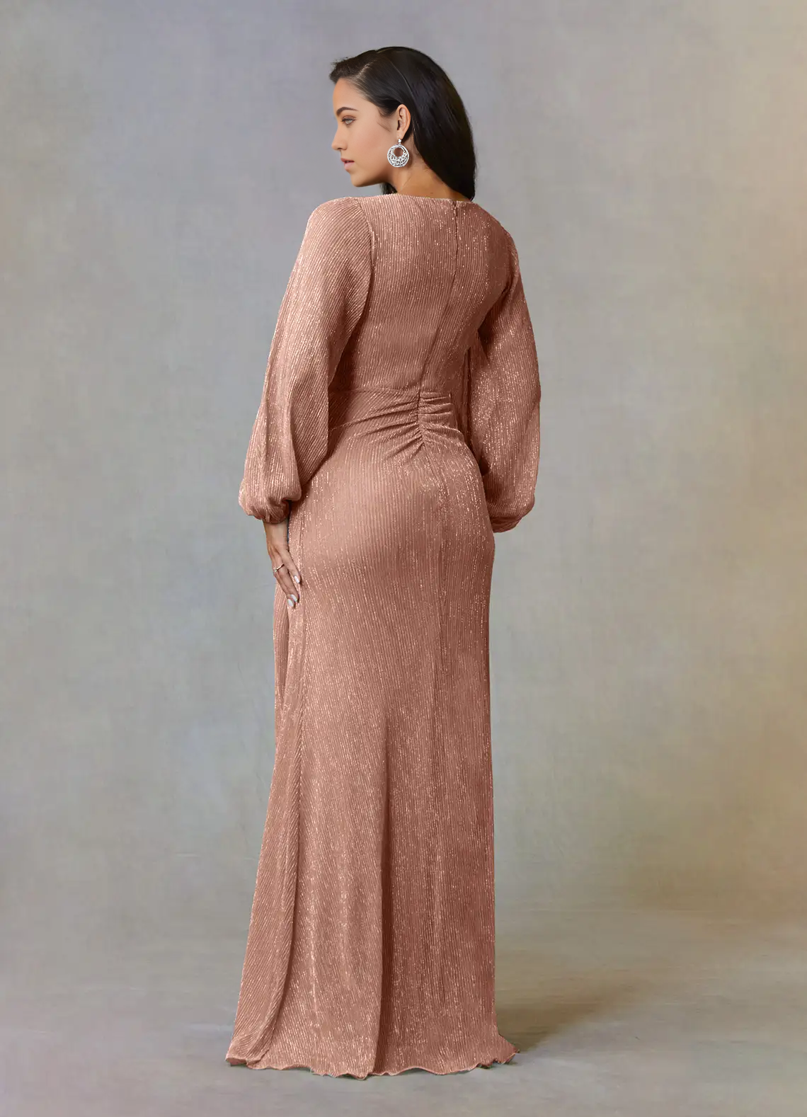 A-Line V-Neck Long Sleeve Ruched Rose Gold Mother of the Bride Dresses
