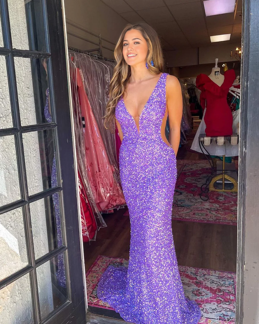 Mermaid V Neck Blue Sequins Long Evening Dresses Prom Dresses