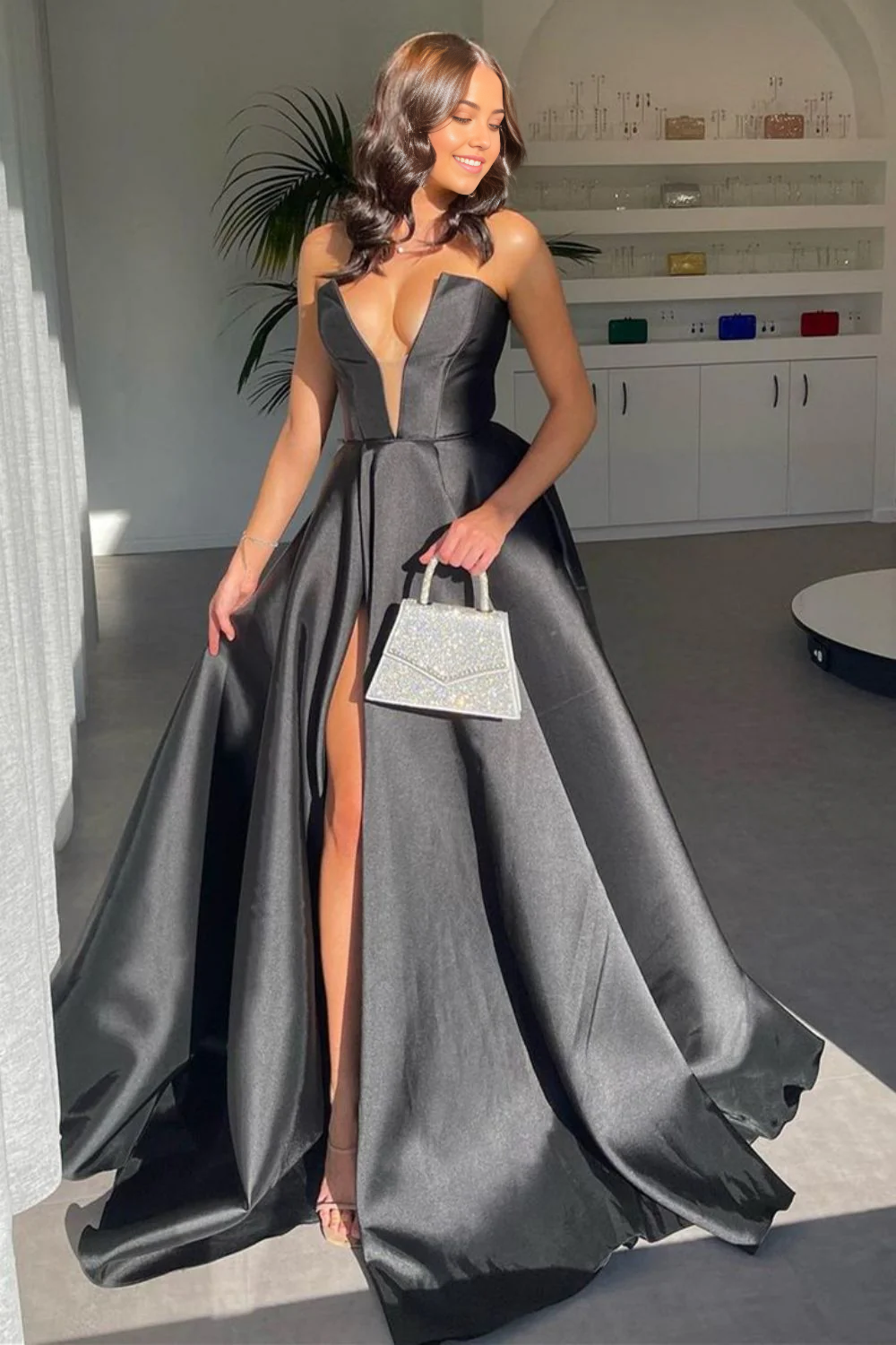 A Line Deep V Neck Black Long Prom Dress with Split Front