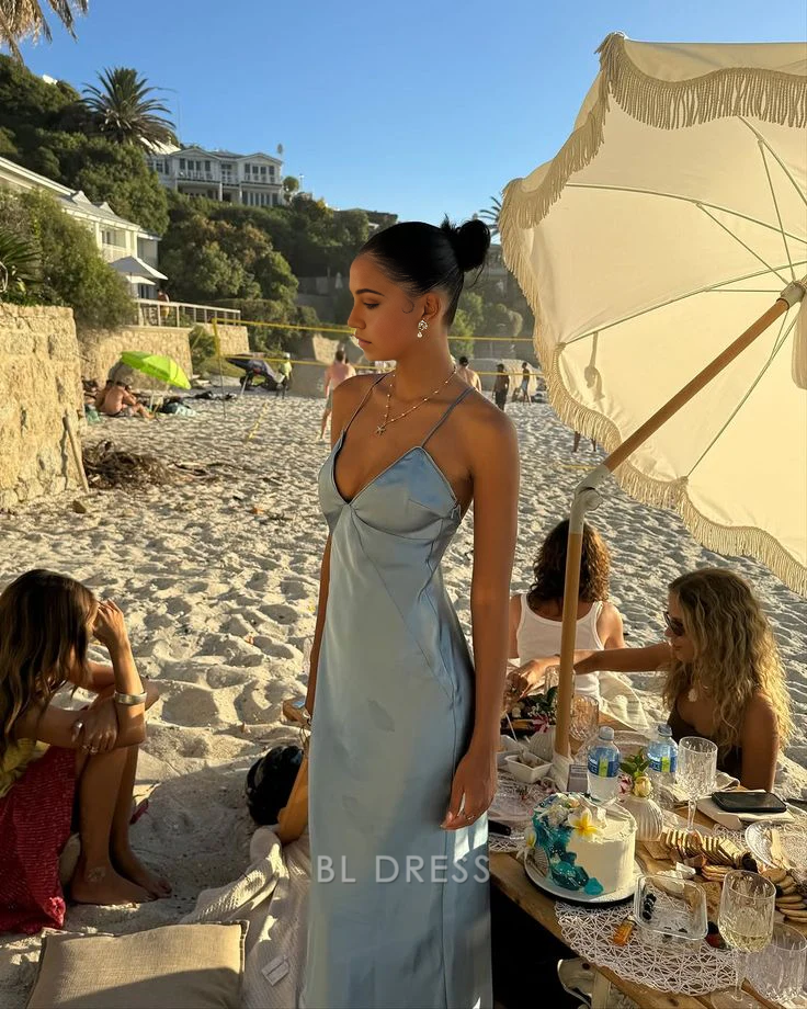 Sheath Simple V-Neck Spaghetti Straps Blue Summer formal dresses Bridesmaid Dresses evening gown Prom Dress