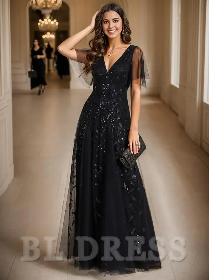 A-line Sequin Sparkly V-Neck Short Sleeve evening gown formal dress Prom Dresses